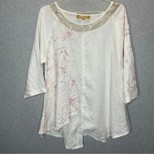 Donna by Donna Vinci Floral Embroidered Asymmetrical Hem Linen Blend Tunic Top